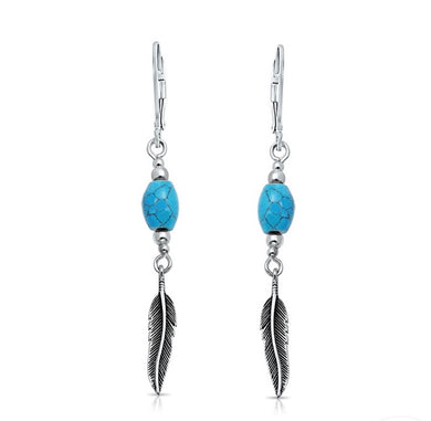 Turquoise Feather Leaf Leverback Dangle Earrings