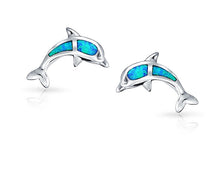 Load image into Gallery viewer, Blue Opal Inlay Nautical Ocean Sea Life Dolphins Stud Earrings
