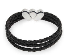 Load image into Gallery viewer, Braided Black Leather Double Heart Bracelet