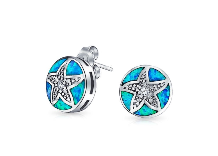 Nautical Starfish Blue Opal CZ Stud Earrings