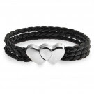 Braided Black Leather Double Heart Bracelet