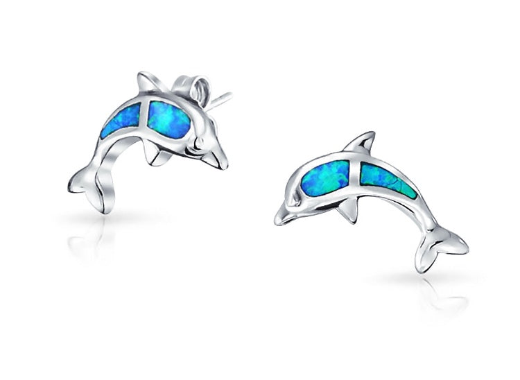 Blue Opal Inlay Nautical Ocean Sea Life Dolphins Stud Earrings